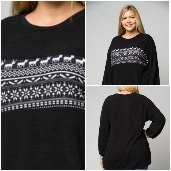 Sweaters - Plus - Rudolph Pattern Black Christmas Sweater